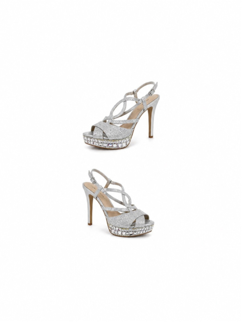 GIANNI BINI Myra Silver Glitter Rhinestone 5"Heel Platform Sandals Size 6 bridal
